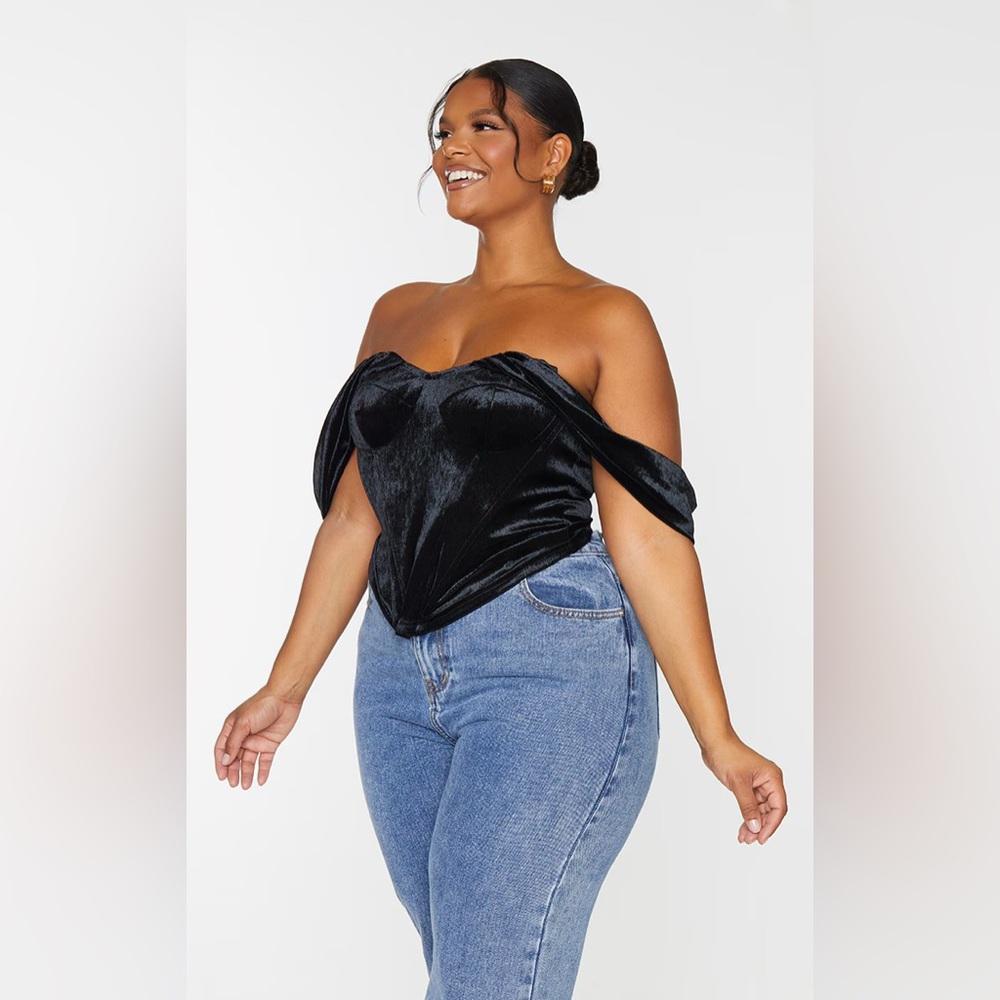 Pretty Little Thing Bardot Velvet Corset Crop Top Black Size 18